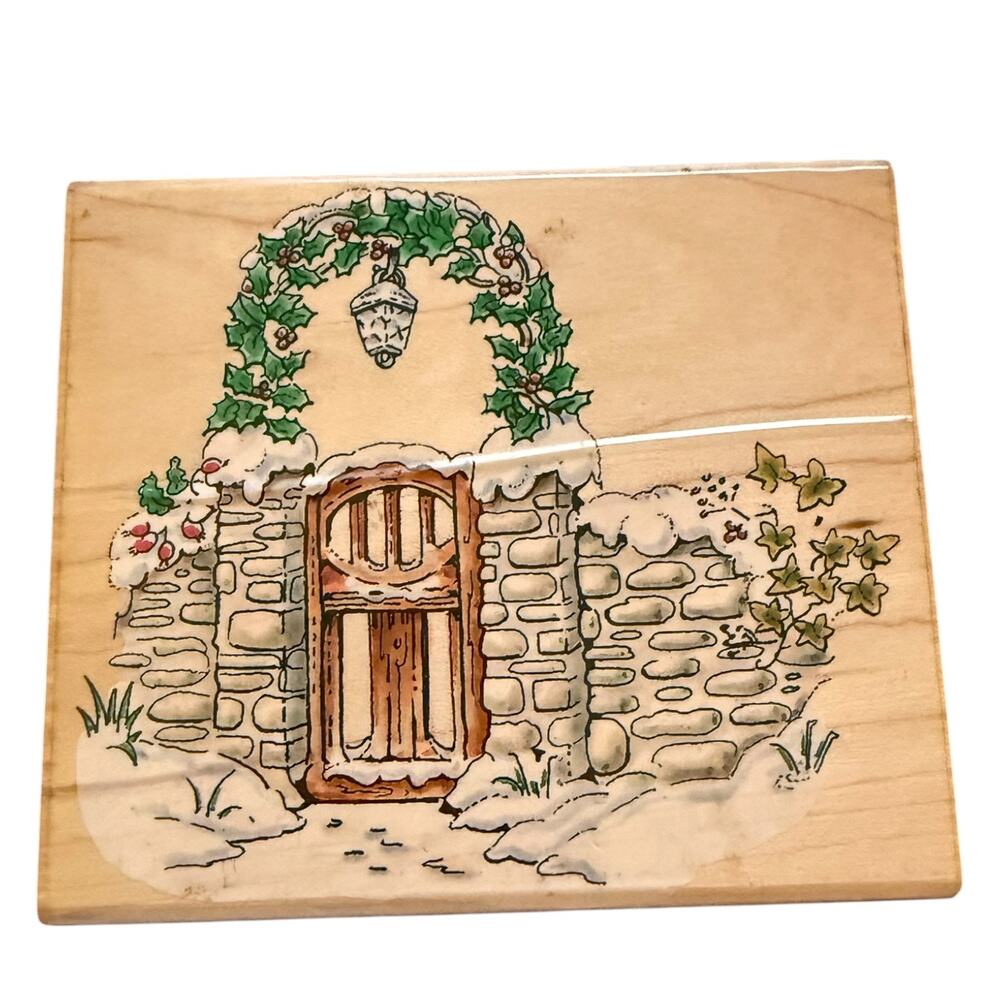 Penny Black 1996 Winter Gate Garden Stone Wall With Holly 947K Rubber Stamp